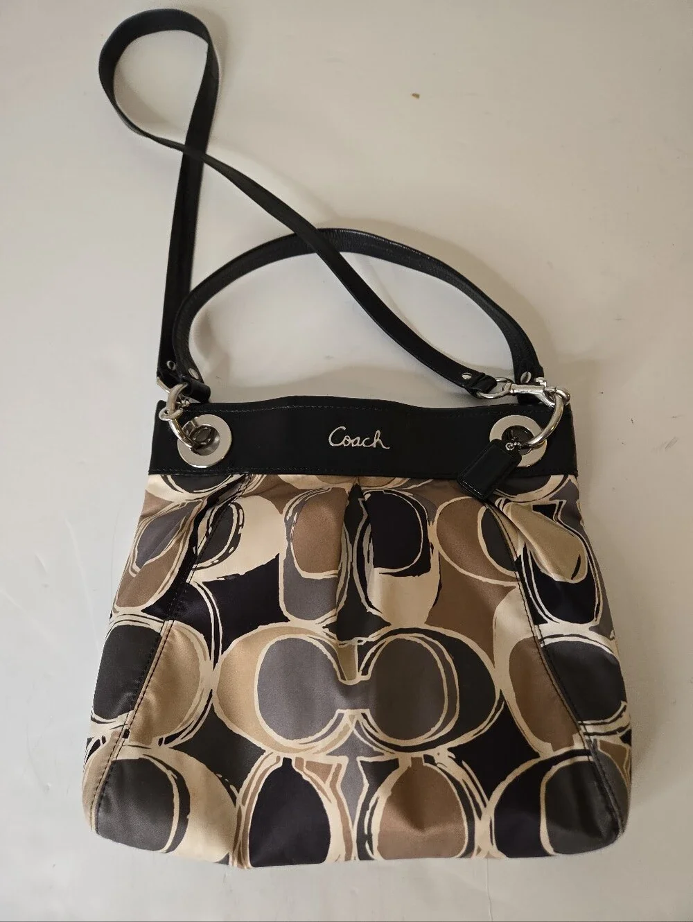 Coach Signature Sateen Ashley Scarf Print Black and Tan Shoulder Bag F17649